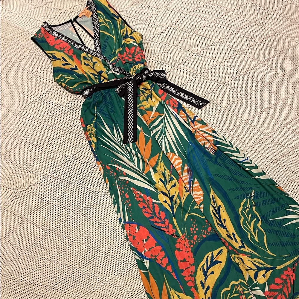 Flying Tomato Tropical Leaf Print Wide Leg Jumpsuit Size S Green Multicolor
